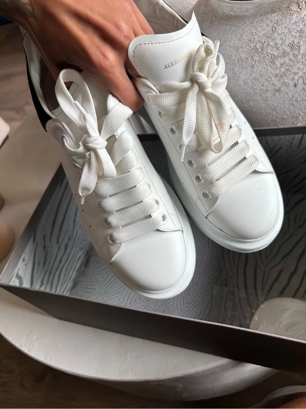 Alexander McQueen White Leather Sneakers with Black Heel Tab - Picture 6 of 11